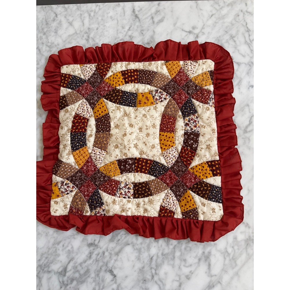 Quilted Double Wedding Ring Pillow Sham Ruffled Red Floral Patchwork 13x13